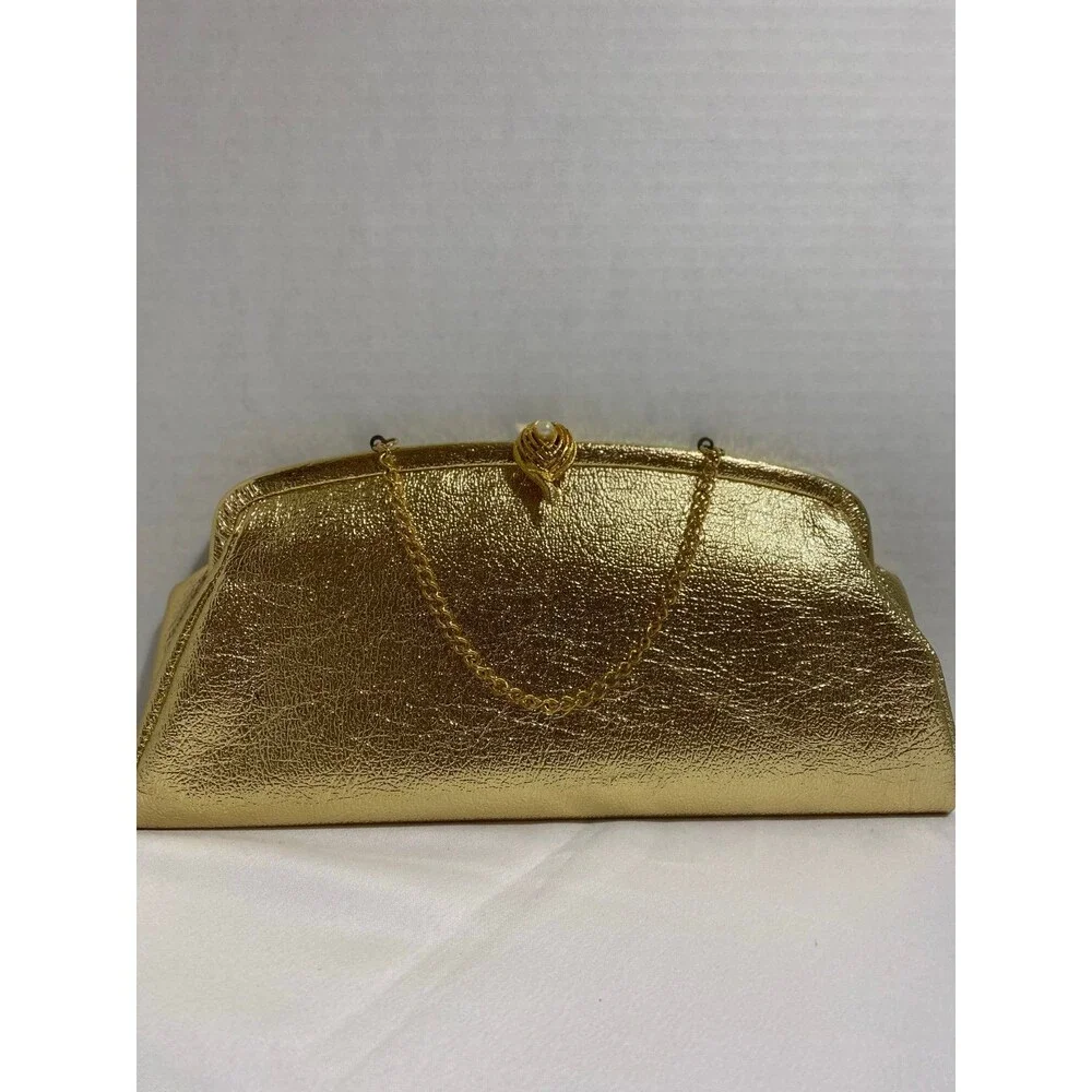 Set of 3 Vintage Metallic gold evening clutch+ large coin purse + gloves